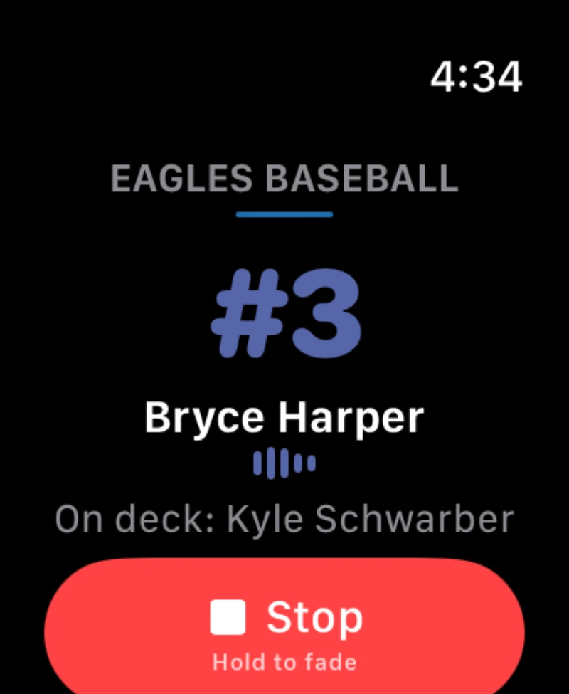 OnDeckDJ Apple Watch companion app showing the current batter